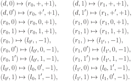 \begin{align*} &(d,0)\mapsto(r_0,{+},+1),&&(d,1)\mapsto(r_1,{+},+1),\\ &(d,0')\mapsto(r_0,{+}',+1),&&(d,1')\mapsto(r_1,{+}',+1),\\ &(r_0,0)\mapsto(r_0,0,+1),&&(r_1,0)\mapsto(r_1,0,+1),\\ &(r_0,1)\mapsto(r_0,1,+1),&&(r_1,1)\mapsto(r_1,1,+1),\\ &(r_0,\emptycell)\mapsto(l_{0'},\emptycell,-1),&&(r_1,\emptycell)\mapsto(l_{1'},\emptycell,-1),\\ &(r_0,0')\mapsto(l_{0'},0,-1),&&(r_1,0')\mapsto(l_{1'},0,-1),\\ &(r_0,1')\mapsto(l_{0'},1,-1),&&(r_1,1')\mapsto(l_{1'},1,-1),\\ &(l_{0'},0)\mapsto(l_{0},0',-1),&&(l_{1'},0)\mapsto(l_{0},1',-1),\\ &(l_{0'},1)\mapsto(l_{0},1',-1),&&(l_{1'},1)\mapsto(l_{1},0',-1). \end{align*}
