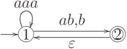 \objectwidth={5mm} \objectheight={5mm} \let\objectstyle=\scriptstyle
\xymatrix {
  *=[o][F-]{1}
 \ar @`{+/l16mm/} [] ^{}
 \rloop{0,1} ^{aaa}
 \ar  "1,3" <1mm> ^{ab,b}
& 
& *=[o][F=]{2}
 \ar  "1,1" <1mm> ^{\varepsilon}
}