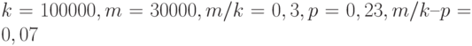 k = 100000, m = 30000, m/k = 0,3, p = 0,23, m/k – p = 0,07