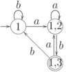 \objectwidth={7.5mm} \objectheight={7.5mm} \let\objectstyle=\scriptstyle
\xymatrix {
  *=[o][F-]{1}
 \ar @`{+/l16mm/} [] ^{}
 \rloop{0,1} ^{b}
 \ar  "1,2"  ^{a}
& *=[o][F-]{1,2}
 \rloop{0,1} ^{a}
 \ar  "2,2" <0.6mm> ^{b}
\\
  %
& *=[o][F=]{1,3}
 \ar  "1,2" <0.6mm> ^{a}
 \ar  "1,1"  ^{b}
}