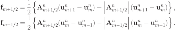 \begin{gather*}  {\mathbf{f}}_{m + 1/2} =  \frac{1}{2} \left\{{{\mathbf{A}}_{m + 1/2}^{n}({\mathbf{u}}_{m + 1}^{n} - {\mathbf{u}}_m^{n} ) - 
 \left| {{\mathbf{A}}_{m + 1/2}^{n}}\right|({\mathbf{u}}_{m + 1}^{n} - 
{\mathbf{u}}_m^{n} )}\right\}, \\ 
{\mathbf{f}}_{m - 1/2} = \frac{1}{2} \left\{{{\mathbf{A}}_{m + 1/2}^{n} ({\mathbf{u}}_m^{n} - {\mathbf{u}}_{m - 1}^{n} ) - \left|{{\mathbf{A}}_{m - 1/2}^{n}}\right|({\mathbf{u}}_m^{n} - {\mathbf{u}}_{m - 1}^{n} )}\right\}.  
\end{gather*}