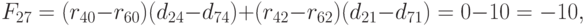 F_{27 }= (r_{40 }- r_{60})(d_{24 }- d_{74}) + (r_{42 }- r_{62})(d_{21} - d_{71}) = 0 - 10 = -10,