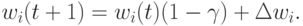 \begin{align*}
 w_i(t+1) = w_i(t)(1 - \gamma) + \Delta w_{i}.
\end{align*}
