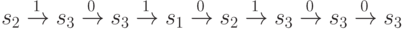 s_2\xrightarrow {1} s_3 \xrightarrow {0} s_3 \xrightarrow {1} s_1 \xrightarrow {0} s_2 \xrightarrow {1} s_3 \xrightarrow {0} s_3 \xrightarrow {0} s_3