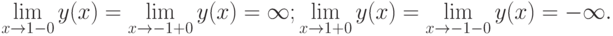 \lim_{x\to 1-0}y(x)=\lim_{x\to -1+0}y(x)=\infty;
\lim_{x\to 1+0}y(x)=\lim_{x\to -1-0}y(x)=-\infty.