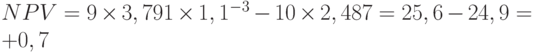 NPV = 9 \times 3,791 \times 1,1^{-3} - 10 \times 2,487 = 25,6 - 24,9 = +0,7