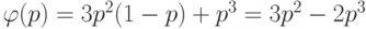 \varphi(p)\hm=3p^2(1-p)+p^3\hm=3p^2-2p^3