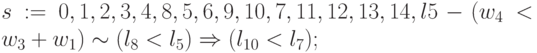 s:=0, 1,2,3,4,8,5,6,9,10,7,11, 12, 13, 14, l5- (w_{4}< w_{3}+w_1) \sim ( l_8 < l_{5}) \Rightarrow (l_{10} < l_7); 