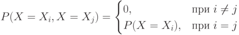 \begin{align*}P(X=X_i,X=X_j) = \begin{cases}
0,&\text{при $i\ne j$}\\
P(X=X_i),&\text{при $i=j$}\end{cases}\end{align*}