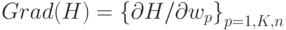 Grad(H) = \left\{ {{{\partial H} \mathord{\left/ {\vphantom {{\partial H} {\partial w_p }}} \right. \kern-\nulldelimiterspace} {\partial w_p }}} \right\}_{p = 1,K,n} 