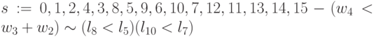 s:= 0, 1, 2, 4, 3, 8, 5, 9, 6, 10, 7,12, 11,13,14, 15 -
(w_{4}< w_{3}+w_{2}) \sim (l_8 < l_{5}) \RIghtarrow( l_{10} < l_7)