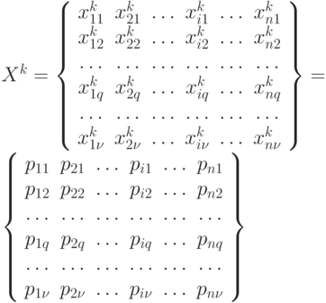 X^k = 
\left \{ 
\begin{array}{cccccc}
x^k _{11}  & x^k _{21}  & \dots  & x^k _{i1}  & \dots  & x^k _{n1}   \\
x^k _{12}  & x^k _{22}  & \dots  & x^k _{i2}  & \dots  & x^k _{n2}   \\
\dots      & \dots      & \dots  & \dots      & \dots  & \dots       \\
x^k _{1q}  & x^k _{2q}  & \dots  & x^k _{iq}  & \dots  & x^k _{nq}   \\
\dots      & \dots      & \dots  & \dots      & \dots  & \dots       \\
x^k _{1\nu}& x^k _{2\nu}& \dots  & x^k _{i\nu}& \dots  & x^k _{n\nu}  
\end{array}                                                    
\right\} = \\
\left \{ 
\begin{array}{cccccc}
p_{11}  & p_{21}  & \dots  & p_{i1}  & \dots  & p_{n1}   \\
p_{12}  & p_{22}  & \dots  & p_{i2}  & \dots  & p_{n2}   \\
\dots   & \dots   & \dots  & \dots   & \dots  & \dots    \\
p_{1q}  & p_{2q}  & \dots  & p_{iq}  & \dots  & p_{nq}   \\
\dots   & \dots   & \dots  & \dots   & \dots  & \dots    \\
p_{1\nu}& p_{2\nu}& \dots  & p_{i\nu}& \dots  & p_{n\nu}  
\end{array}                                                    
\right\}