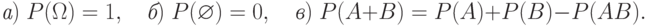\textit{а})\;P(\Omega)=1,\quad\textit{б})\;P(\varnothing)=0,\quad\textit{в})\;P(A+B)=P(A)+P(B)-P(AB).