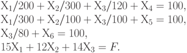 Х_1 / 200 + Х_2 / 300 + Х_3 / 120 + Х_4 = 100 ,\\
	Х_1 / 300 + Х_2 / 100 + Х_3 / 100 + Х_5 = 100 ,\\
	Х_3 / 80 + Х_6 = 100 ,\\
	15 Х_1 + 12 Х_2 + 14 Х_3 = F.