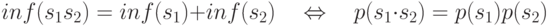 inf(s_1s_2)=inf(s_1)+inf(s_2) \xLeftrightarrow
p(s_1\cdot s_2)=p(s_1)p(s_2)