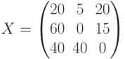 X=\begin{pmatrix} 20 & 5 & 20 \\ 60 & 0 & 15 \\ 40 & 40 & 0 \end{pmatrix}