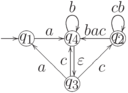 \objectwidth={5mm} \objectheight={5mm} \let\objectstyle=\scriptstyle
\xymatrix {
  *=[o][F-]{q_1}
 \ar @`{+/l16mm/} [] ^{}
 \ar  "1,2"  ^{a}
& *=[o][F-]{q_4}
 \ar  "2,2" <0.6mm> ^{\varepsilon}
 \rloop{0,1} ^{b}
& *=[o][F=]{q_2}
 \rloop{0,1} ^{cb}
 \ar  "1,2"  _{bac}
\\
  %
& *=[o][F-]{q_3}
 \ar  "1,1"  ^{a}
 \ar  "1,3"  _{c}
 \ar  "1,2" <0.6mm> ^{c}
& 
}