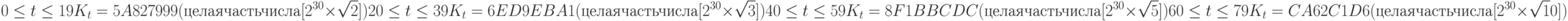  0 \leq t \leq 19 K_t = 5A827999 (целая часть числа [2^3^0 \times \sqrt 2])\\
20 \leq t \leq 39 K_t = 6ED9EBA1 (целая часть числа [2^3^0 \times \sqrt 3])\\
40 \leq t \leq 59 K_t = 8F1BBCDC (целая часть числа [2^3^0 \times \sqrt 5])\\
60 \leq t \leq 79 K_t = CA62C1D6 (целая часть числа [2^3^0 \times \sqrt 10]) 