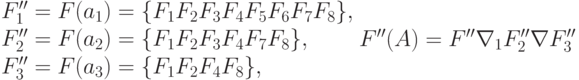 \begin{array}{l}F''_1=F(a_1)=\{F_1 F_2 F_3 F_4 F_5 F_6 F_7 F_8 \},\\ F''_2=F(a_2)=\{F_1 F_2 F_3 F_4 F_7 F_8 \},\\ F''_3=F(a_3)=\{F_1 F_2 F_4 F_8 \},\end{array} F''(A)=F''\nabla_1 F''_2 \nabla F''_3