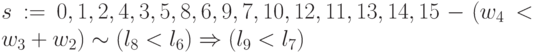 s:= 0, 1,2,4, 3, 5, 8, 6,9,7,10, 12,1 1,13, 14,15 - (w_{4}< w_{3}+ w_{2}) \sim (l_8 < l_{6}) \Rightarrow (l_{9} < l_{7})