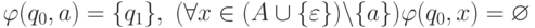 \varphi(q_0, a) = \{q_1\},\ (\forall x \in (A \cup
\{\varepsilon \})\backslash  \{a\}) \varphi (q_0, x) = \varnothing