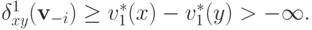 \delta^{1}_{xy}(\mathbf v_{-i}) \ge v^{*}_1(x) - v^{*}_1(y) > - \infty.