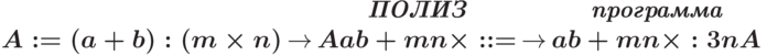 \begin{center}
\tabcolsep=2pt
\begin{tabular}{ccccc}
 & & \bf\itshape ПОЛИЗ & & \bf\itshape программа\\
\boldmath{$A:= (a+b):(m\times n)$} & $\to$ & \boldmath{$Aab+mn\times ::=$}
& $\to$ & \boldmath{$ab+mn\times:3nA$}
\end{tabular}
\end{center}