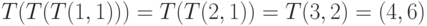 T(T(T(1,1))) =
T(T(2,1)) = T(3,2) = 
(4,6)