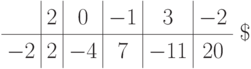 \renewcommand{\arraystretch}{1.2}
\begin{array}{c|c|c|c|c|c} & 2 & 0 & -1 & 3 & -2
\\
\hline
-2 & 2 & -4 & 7 & -11 & 20
\end{array}\ \