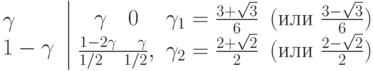 $ 
\left. \begin{array}{l}
\gamma \\
{1 - \gamma} \\
\end{array} \right.
\left| \begin{array}{ccc}
\gamma \quad 0 & \gamma_1 = \frac{3 + \sqrt{3}}{6} & (\mbox{или } \frac{3 - \sqrt{3}}{6}) \\ 
\frac{1 - 2\gamma \quad \gamma}{1/2 \quad 1/2}, & \gamma_2 = \frac{2 + \sqrt{2}}{2} & (\mbox{или } \frac{2 - \sqrt{2}}{2}) \\
\end{array} \right. $