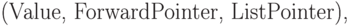 \eq*{
({\rm Value}, {\rm ForwardPointer}, {\rm ListPointer}),
}