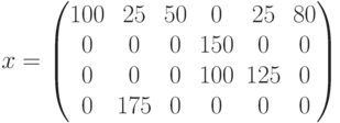x=\begin{pmatrix} 100 & 25 & 50 & 0 & 25 & 80\\ 0 & 0 & 0 & 150 & 0 & 0 \\ 0 & 0 & 0 & 100 & 125 & 0\\ 0 & 175 & 0 & 0 & 0 & 0\end{pmatrix}