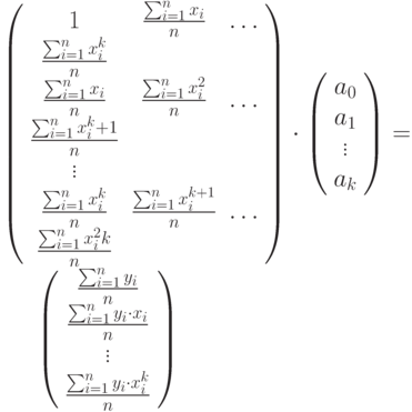\left(
\begin{array}{ccc}
1 & \frac{\sum_{i=1}^n{x_i}}{n} &\ldots & \frac{\sum_{i=1}^n{x_i^k}}{n}\\
\frac{\sum_{i=1}^n{x_i}}{n} & \frac{\sum_{i=1}^n{x_i^2}}{n} &\ldots & \frac{\sum_{i=1}^n{x_i^k+1}}{n}\\
\vdots\\
\frac{\sum_{i=1}^n{x_i^k}}{n} & \frac{\sum_{i=1}^n{x_i^{k+1}}}{n} &\ldots & \frac{\sum_{i=1}^n{x_i^2k}}{n}

\end{array}
\right) \cdot 
\left(
\begin{array}{c}
a_0\\
a_1\\
\vdots\\
a_k
\end{array}\right)=

\left(
\begin{array}{c}
\frac{\sum_{i=1}^n{y_i}}{n}\\
\frac{\sum_{i=1}^n{y_i\cdot x_i}}{n}\\
\vdots\\
\frac{\sum_{i=1}^n{y_i \cdot x_i^k}}{n}
\end{array}\right)