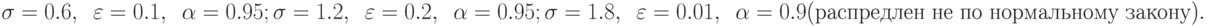 \sigma=0.6,\,\,\,\varepsilon=0.1,\,\,\,\alpha=0.95;\\
\sigma=1.2,\,\,\,\varepsilon=0.2,\,\,\,\alpha=0.95;\\
\sigma=1.8,\,\,\,\varepsilon=0.01,\,\,\,\alpha=0.9 \text{(распредлен не по нормальному закону)}.