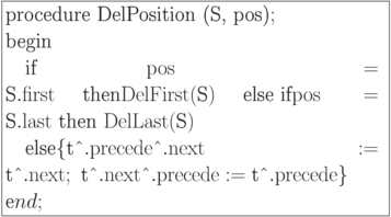 \formula{
\t{procedure DelPosition (S,
pos)};\\
\t{begin} \\
\mbox{}\q \t{if}\ {\rm pos} =
\t{S}.{\rm first}\
\t{then} {\rm DelFirst}(\t{S})\
\t{else if}
{\rm pos} = \t{S}.{\rm last}\ \t{then}\ {\rm DelLast}(\t{S})\\
\mbox{}\q \t{else} \{\t{t\^{}}.{\rm
precede}\t{\^{}}.{\rm next}
:= \t{t\^{}}.{\rm next};\ \t{t\^{}}.{\rm next}\t{\^{}}.{\rm precede}
:= \t{t\^{}}.{\rm precede}\}\\
\t end;
}