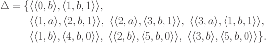 \begin{align*}
{}
\Delta &= \{
\lp \lp 0 , b \rp , \lp 1 , b , 1 \rp \rp ,\
\\ &\hphantom{ {} = {} \{ } %\}
\lp \lp 1 , a \rp , \lp 2 , b , 1 \rp \rp ,\
\lp \lp 2 , a \rp , \lp 3 , b , 1 \rp \rp ,\
\lp \lp 3 , a \rp , \lp 1 , b , 1 \rp \rp ,\
\\ &\hphantom{ {} = {} \{ } %\}
\lp \lp 1 , b \rp , \lp 4 , b , 0 \rp \rp ,\
\lp \lp 2 , b \rp , \lp 5 , b , 0 \rp \rp ,\
\lp \lp 3 , b \rp , \lp 5 , b , 0 \rp \rp
\} .
\end{align*}