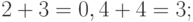2 + 3 = 0, 4 + 4 = 3;
