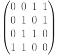 \begin{pmatrix}0&0&1&1\\0&1&0&1\\0&1&1&0\\1&1&0&0\end{pmatrix}