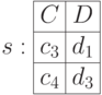 s: \begin{array}{|c|c|} \hline C & D \\ \hline c_3 & d_1 \\ \hline c_4 & d_3 \\ \hline \end{array}