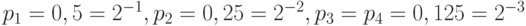 p_1 = 0,5 = 2^{-1}, p_2 = 0,25 = 2^{-2}, p_3 = p_4 = 0,125=2^{-3}