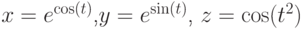 x=e^{\cos(t)}$,$y=e^{\sin(t)}$, $z=\cos(t^2)