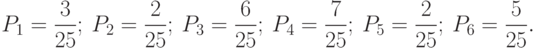 \[ P_{1}=\frac 3 {25}; \  P_{2}=\frac 2 {25}; \  P_{3}=\frac 6 {25}; \  P_{4}=\frac 7 {25}; \  P_{5}=\frac 2 {25}; \ P_{6}=\frac 5 {25}.\]