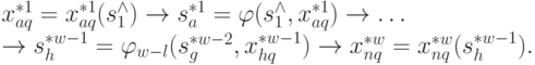 x ^{*1}_{aq} = 
x ^{*1}_{aq}(s ^{\wedge}_1) \to  s^{*1}_{a} = 
\varphi( s ^{\wedge}_1, x^{*1}_{aq}) \to  \dots  \\
\to  s^{*w-1}_{h} =\varphi_{w-l}(s^{*w-2}_{g}, x^{*w-1}_{hq}) \to  x^{*w}_{nq} = x^{*w}_{nq}(s^{*w-1}_{h}).