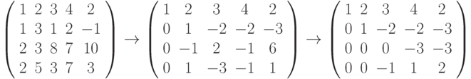 \left( \begin{array}{ccccc}
   1 & 2 & 3 & 4 & 2  \\
   1 & 3 & 1 & 2 & {- 1}\\
   2 & 3 & 8 & 7 & {10}\\
   2 & 5 & 3 & 7 & 3  \\
 \end{array}\right) \to \left( \begin{array}{ccccc}
   1 & 2 & 3 & 4 & 2  \\
   0 & 1 & {- 2} & {- 2} & {- 3}\\
   0 & {- 1} & 2 & {- 1} & 6  \\
   0 & 1 & {- 3} & {- 1} & 1  \\
 \end{array}\right) \to \left( \begin{array}{ccccc}
   1 & 2 & 3 & 4 & 2  \\
   0 & 1 & {- 2} & {- 2} & {- 3}\\
   0 & 0 & 0 & {- 3} & {- 3}\\
   0 & 0 & {- 1} & 1 & 2  \\
 \end{array}\right)