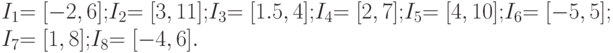 I_1 {\rm{ = [ - 2}}{\rm{,6]; }}I_2 {\rm{ = [3}}{\rm{,11]; }}I_3 {\rm{ = [1}}{\rm{.5}}{\rm{,4]; }}I_4 {\rm{ = [2}}{\rm{,7];  }}I_5 {\rm{ = [4}}{\rm{,10];  }}I_6 {\rm{ = [ - 5}}{\rm{,5]; }}\\ I_7 {\rm{ = [1}}{\rm{,8];  }}I_8 {\rm{ = [ - 4}}{\rm{,6]}}{\rm{.}}