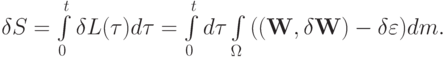 \delta S = \int\limits_0^{t}{\delta L({\tau})d {\tau}} = \int\limits_0^{t}{d {\tau}} \int\limits_\Omega  {(({\mathbf{W}}, \delta {\mathbf{W}}) -  \delta \varepsilon )dm}.