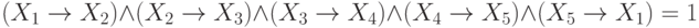 (X_{1} \rightarrow X_{2}) \wedge (X_{2} \rightarrow X_{3}) \wedge (X_{3} \rightarrow X_{4}) \wedge (X_{4} \rightarrow X_{5}) \wedge (X_{5} \rightarrow X_{1}) = 1