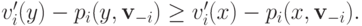 v^\prime_i(y) - p_i(y, \mathbf v_{-i}) \ge v^\prime_i(x) - p_i(x, \mathbf v_{-i}).