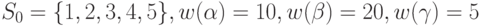 S_0=\{1,2,3,4,5\}, w(\alpha)=10, w(\beta)=20, w(\gamma)=5
