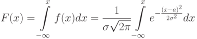 \[ F(x)=\int\limits_{-\infty}^x f(x)dx=\frac 1 {\sigma \sqrt{2\pi}} \int\limits_{-\infty}^x e^{-\frac {(x-a)^2} {2\sigma^2}}dx  \]